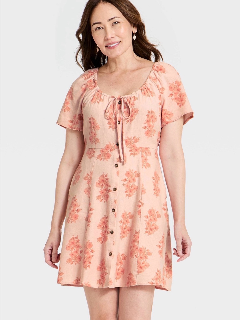 Peach Floral Short-Sleeve Button-Front Mini Sundress from Universal Thread NWT
